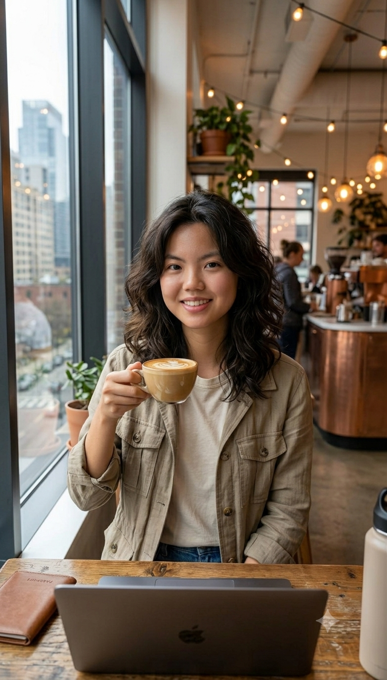Di Lan working remotely from a café with her laptop